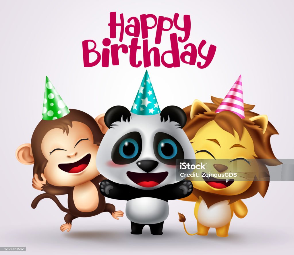 Happy Birthday Animal Party Characters Vector Design Happy Birthday Text  With Animals Friends Character Like Monkey Panda And Lion Wearing Party Hat  Element For Kids Greeting Card Invitation Stock Illustration - Download