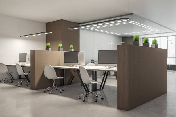istock Contemporary coworking office interior with equipment 1258091627
