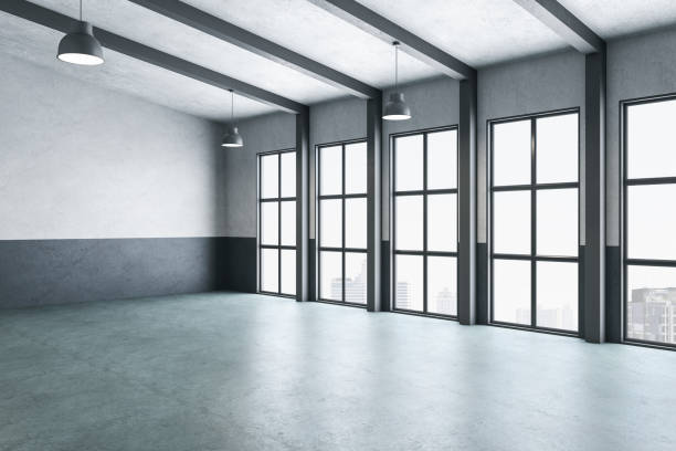 istock Minimalistic gallery interior with columns and city view. 1258092016
