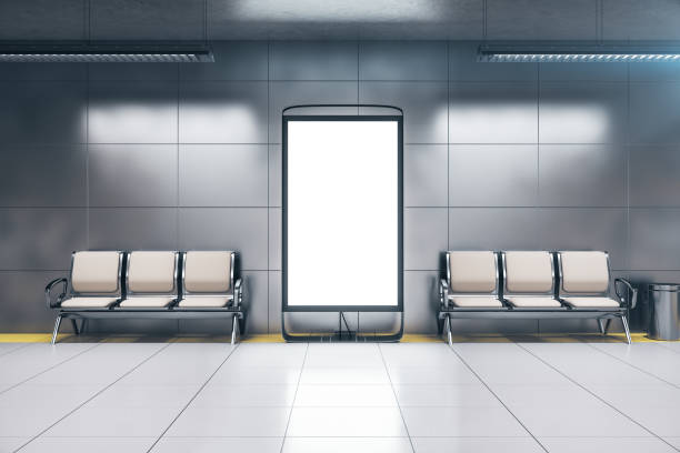 chairs and blank banner in modern underground railway station - outdoor chair imagens e fotografias de stock