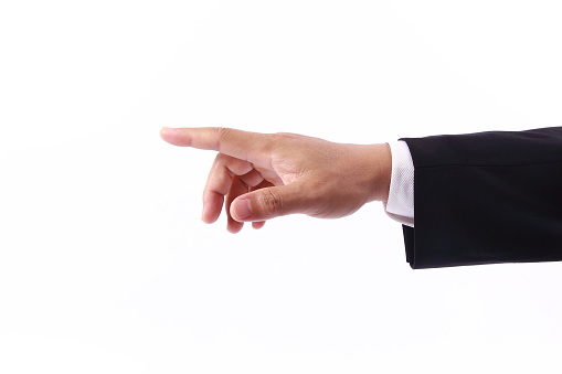 Business man hand touching something, isolated on white background