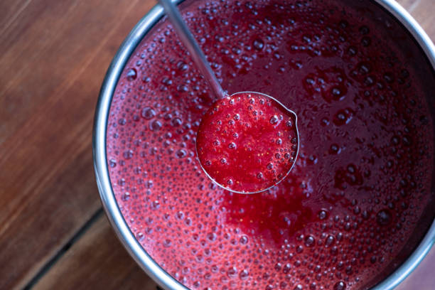 istock Blended fresh strawberry smoothie with bubbles 1258092832