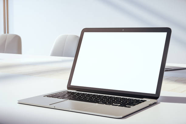 istock Blank white mock up screen of laptop 1258093045