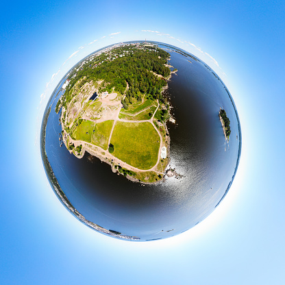 A three dimensional panoramic aerial view of Katariina Seaside Park in a mini planet panorama style., Kotka, Finland.