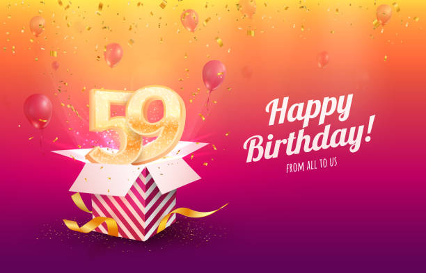 illustrazioni stock, clip art, cartoni animati e icone di tendenza di festeggiamo 59 anni illustrazione vettoriale di compleanno. sfondo celebrazione del cinquantanove anniversario. giorno di nascita adulto. apri la confezione regalo con i numeri delle vacanze volanti - numero 59