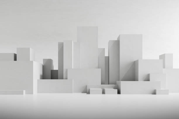 макет архитектурного здания с формой блоков, бетонным кубом. 3d рендер. - 3d scene стоковые фото и изображения