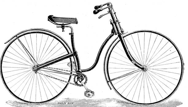 Bicycle for women, white background In comparison to the dangerous penny farthing bicycle with many serious injuries the newly developed bicycle with evenly low wheels was called safety bicycle. The first bicycle to be called a "safety" was designed by the English engineer Harry John Lawson (Henry Lawson) in 1876, although other bicycles which fit the description had been developed earlier, such as by Thomas Humber in 1868. It is the forerunner of all modern bicycles. Illustration from 19th century. penny farthing bicycle stock illustrations