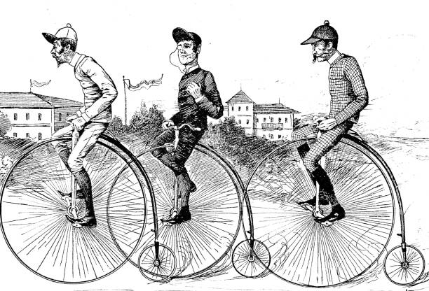 Three penny farthing bicyclists in a row, village in background Illustration from 19th century penny farthing bicycle stock illustrations