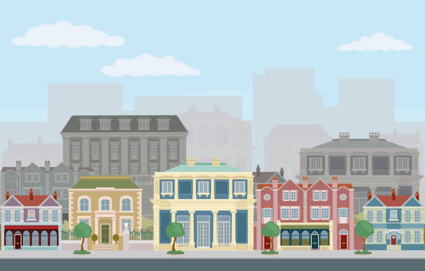 illustrations, cliparts, dessins animés et icônes de maisons shops street victorian georgian buildings - row house townhouse house in a row