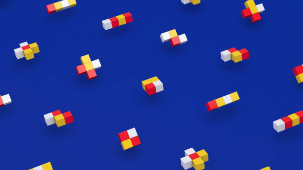 istock Group of geometric shapes, colorful cubes. Blue background. Abstract illustration, 3d render. 1258100850