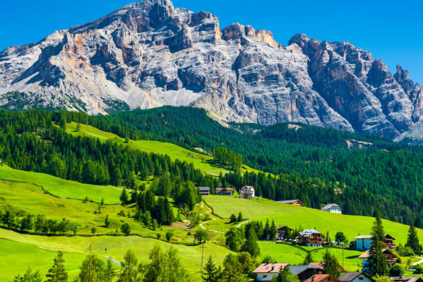 istock Green alpine meadows with huge mountains range on the background. 1258101577