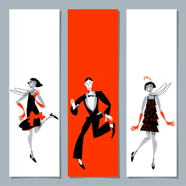 ilustrações de stock, clip art, desenhos animados e ícones de set of 3 universal greeting cards  and bookmarks with two flapper girls and a man dancing charleston. - men 20s cut out 30s