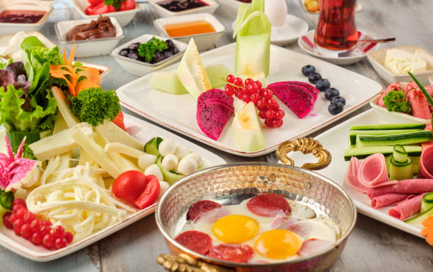 istock Delicious traditional turkish breakfast on wooden table 1258104287
