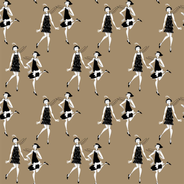 ilustrações de stock, clip art, desenhos animados e ícones de two flapper girls dancing charleston. seamless background pattern. - art deco 1930s style pattern design