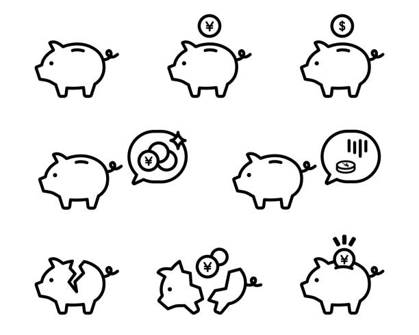 Set of pig moneybox simple icons Set of pig moneybox simple icons broken money box stock illustrations