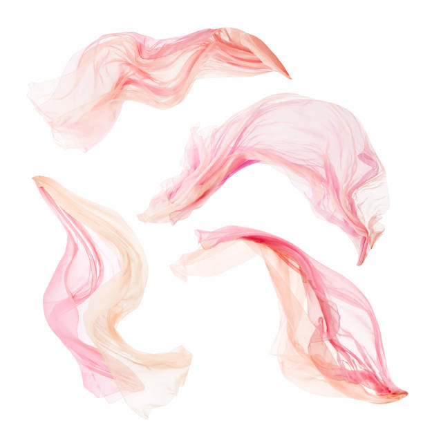 stoff tuch stücke fliegen auf wind, set von fließenden flutter rosa seide, auf weiß - partiell lichtdurchlässig stock-fotos und bilder