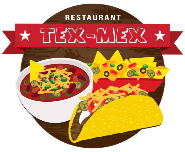 ilustrações, clipart, desenhos animados e ícones de tex mex banner de comida em vetor de fundo de madeira - texmex