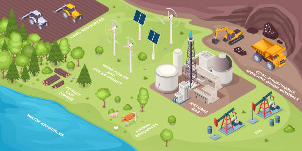 erneuerbare energiequellen und nicht erneuerbare, natürliche ökostromquellen, vektor isometrisch. erneuerbare erdressourcen solar- und windstrom, anlagen, kohle-, gas- und ölförderung, waldholz - biomasse erneuerbarkeit stock-grafiken, -clipart, -cartoons und -symbole