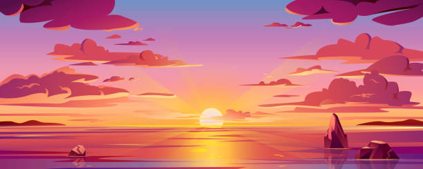 海の夕日や海の日の出のパノラマ。水と空の地平線、太陽の反射のベクトルイラスト。夕暮れや夜明け、夕方や朝のビーチの風景。風景の背景や島の背景 - 日の出点のイラスト素材／クリップアート素材／マンガ素材／アイコン素材