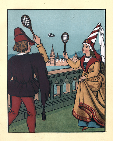 Vintage illustration of Victorian comic illustration of a Medeival couple playing a game of Badminton, Present Pastimes of Merrie England