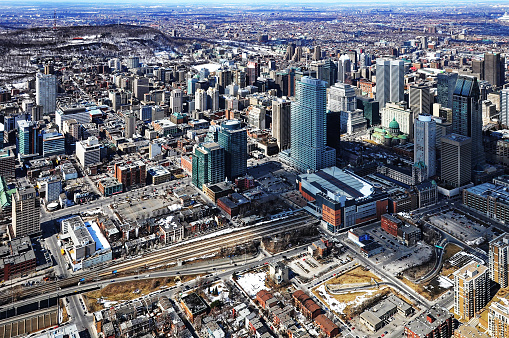 Aerial view of downtown Montreal in winter