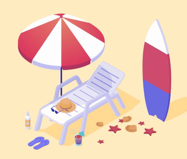 Empty lounger on sea beach. White plastic clamshell under stylish red white umbrella surfboard. Empty lounger on sea beach. White plastic clamshell under stylish red white umbrella surfboard on hot yellow sand with starfish shells fashionable sunglasses vector hat clipart. red beach chairs stock illustrations