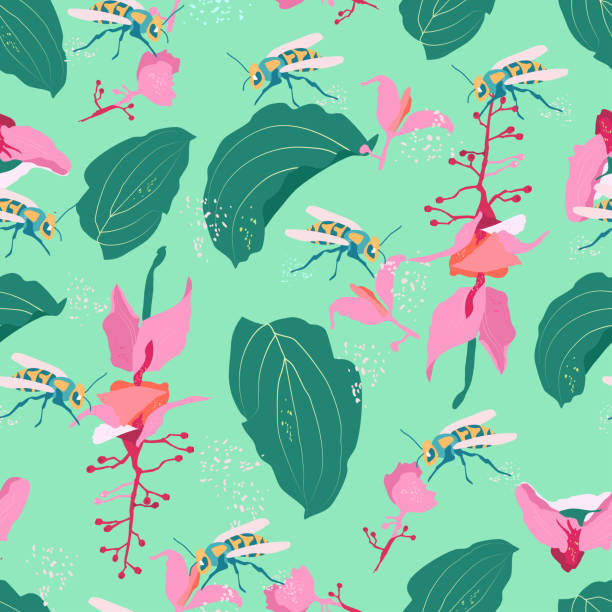 ilustrações de stock, clip art, desenhos animados e ícones de medinilla showy wildflowers with wasps,bees seamless pattern.pink tropical florets,big leaves with streaks. - grape bunch fruit stem