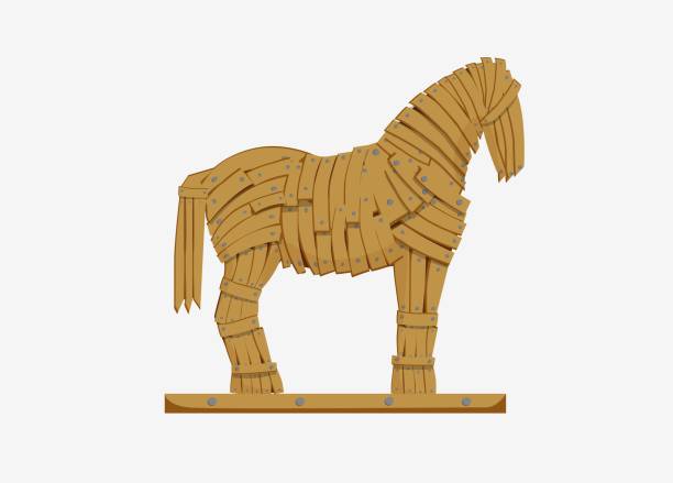Trojan horse illustration. Mythicaln statue horse military deception Greek troops. Trojan horse illustration. Mythicaln statue horse military deception Greek troops monument to historical trick war imperceptible penetration infliction of tangible vector damage. trojan horse stock illustrations