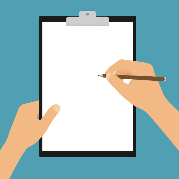 istock Flat design illustration of a clipboard with a blank sheet of white paper. Hand holding a pencil and space for text or drawing. Isolated on green background - vector 1258116896