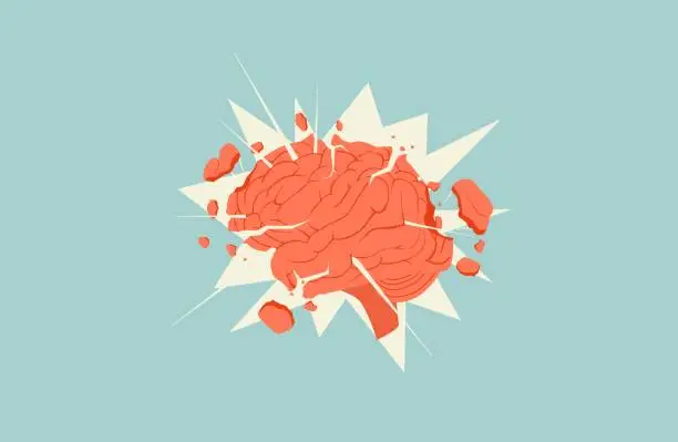 Vector illustration of Exploding flying apart parts brain illustration. Concept information overload lack of calm thinking creative ideological.