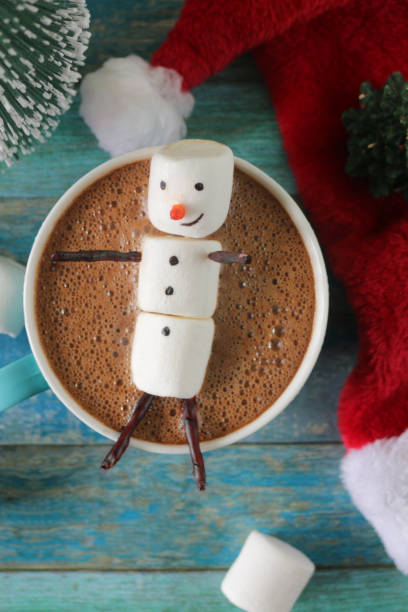 istock Close-up image group of objects, model Christmas trees, mug hot chocolate drink / cocoa with marshmallow snowman, Father Christmas figurine, string fairy light decoration, red and white Santa hat and marshmallows, turquoise tongue groove effect backdrop 1258117098