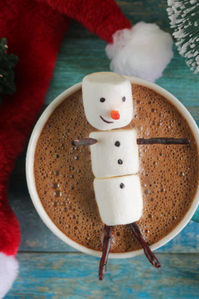 istock Image of group of objects, model Christmas trees, mug hot chocolate drink / cocoa with marshmallow snowman, and red and white Santa hat, turquoise tongue groove effect backdrop, Christmas concept 1258117101