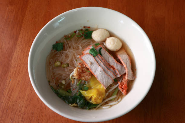 istock Rice noodle soup and wonton. 1258119036
