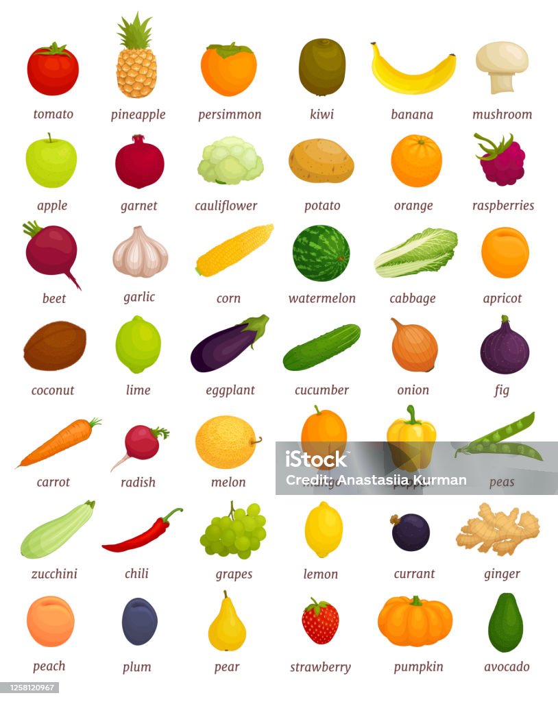 What Vegetables And Fruits Look Like Various Foods With Names Vector  Educational Poster Stock Illustration - Download Image Now - iStock