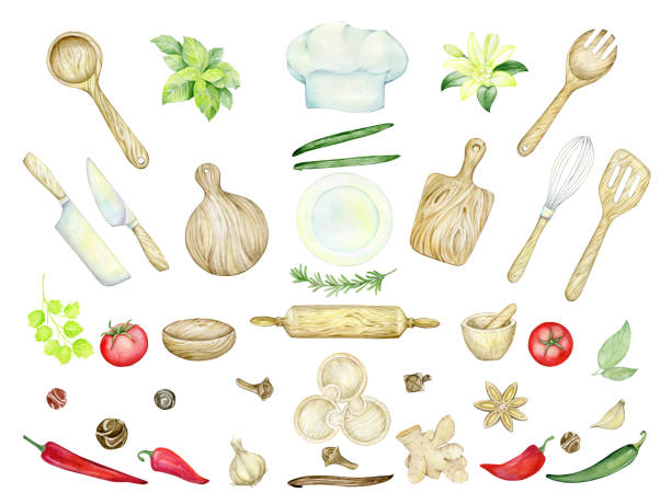 istock Watercolor set of elements, kitchen utensils, tomatoes, peppers, herbs, and vegetables. 1258122407