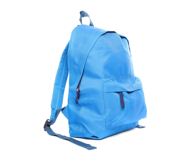 blue school backpack isolated on white - mochila imagens e fotografias de stock