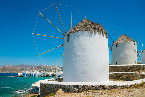 Windmill in Mykonos town (Chora), Mykonos island, Cyclades, Greece.