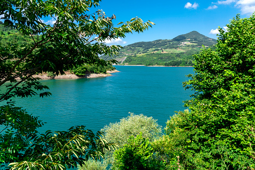 The green foliage of a tree stands out above the reflections of the sky in the turquoise waters of Lago del Mis