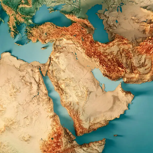 3D Render of a Topographic Map of Middle East.
All source data is in the public domain.
Color texture: Made with Natural Earth. 
http://www.naturalearthdata.com/downloads/10m-raster-data/10m-cross-blend-hypso/
Relief texture: GMTED2010 data courtesy of USGS. URL of source image: 
https://topotools.cr.usgs.gov/gmted_viewer/viewer.htm
Water texture: World Water Body Limits: Humanitarian Information Unit HIU, U.S. Department of State
http://geonode.state.gov/layers/geonode%3AWorld_water_body_limits_polygons
Boundaries: Humanitarian Information Unit HIU, U.S. Department of State (database: LSIB)
http://geonode.state.gov/layers/geonode%3ALSIB_10