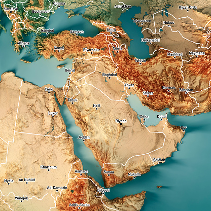 3D Render of a Topographic Map of Middle East. Version with Country Boundaries and Cities.
All source data is in the public domain.
Color texture: Made with Natural Earth. 
http://www.naturalearthdata.com/downloads/10m-raster-data/10m-cross-blend-hypso/
Relief texture: GMTED2010 data courtesy of USGS. URL of source image: 
https://topotools.cr.usgs.gov/gmted_viewer/viewer.htm
Water texture: World Water Body Limits: Humanitarian Information Unit HIU, U.S. Department of State
http://geonode.state.gov/layers/geonode%3AWorld_water_body_limits_polygons
Boundaries: Humanitarian Information Unit HIU, U.S. Department of State (database: LSIB)
http://geonode.state.gov/layers/geonode%3ALSIB_10