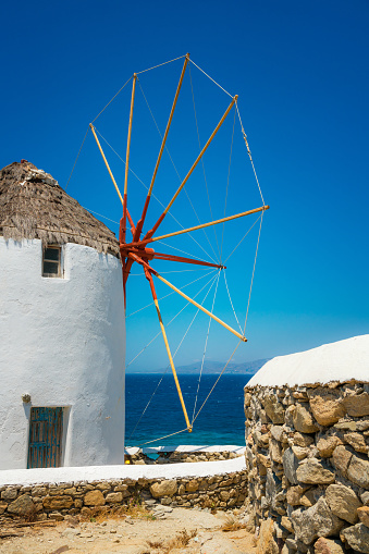 Windmill in Mykonos town (Chora), Mykonos island, Cyclades, Greece.