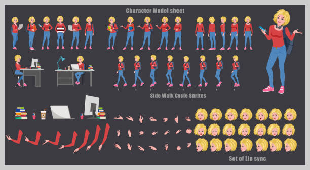 illustrazioni stock, clip art, cartoni animati e icone di tendenza di bella studentessa di capelli biondi character design model sheet con animazione del ciclo di camminata. girl character design e vettore di turnaround - playback