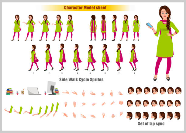 Beautiful Indian Girl Character Design Model Sheet With Walk Cycle  Animation Girl Character Design And Turnaround Vector Stock Illustration -  Download Image Now - iStock