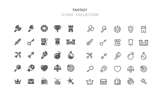 Set of fantasy RPG vector icons. Editable stroke & flat design.