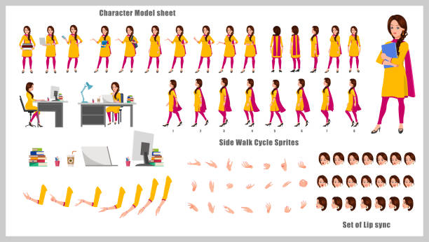 Beautiful Indian girl student Character Design Model Sheet with walk cycle animation. Girl Character design and turnaround vector Indian girl student Character Design Model Sheet with walk cycle animation. Girl Character design. Front, side, back view and explainer animation poses. Character set with various views with lip syncing, poses,gestures and Girl student Character turnaround. india train stock illustrations