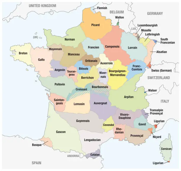 Vector illustration of Vector outline map of main french regional languages