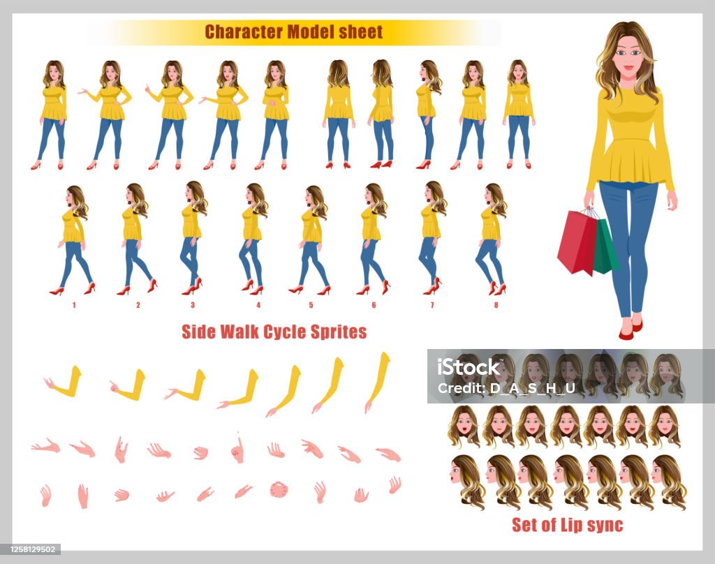 Beautiful Blond Hair Girl Character Design Model Sheet With Walk Cycle  Animation Girl Character Design And Turnaround Vector Stock Illustration -  Download Image Now - iStock