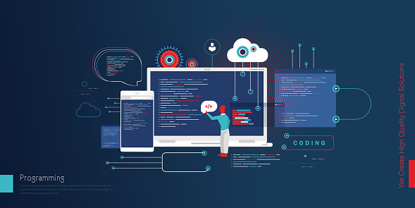 Web Development And Computer Graphics Web Development Flat Design Illustration Creative Banner With Laptop ...