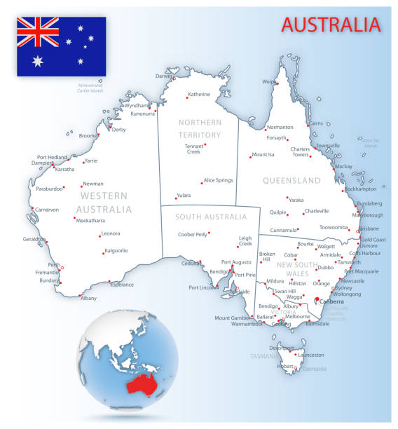 istock Detailed Australia administrative map with country flag and location on a blue globe. 1258131698
