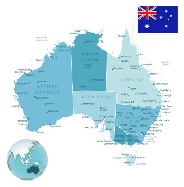 Vector illustration of Australia administrative blue-green map with country flag and location on a globe.